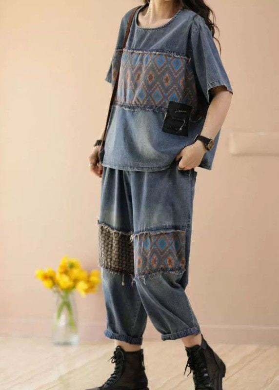 Women Blue O-Neck Patchwork Tops And Pants Denim Two Pieces Set Summer