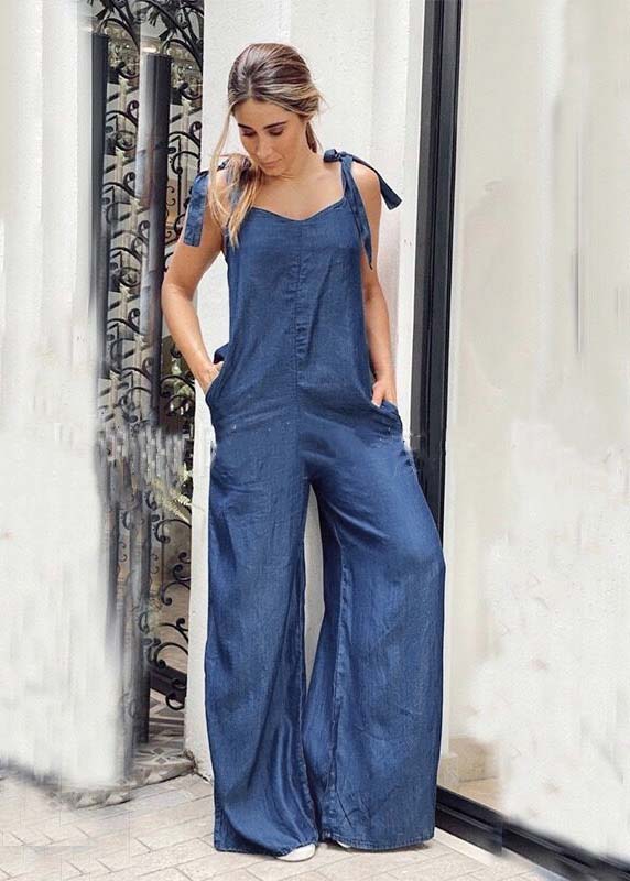 Femmes Blue Surdimensiones Poches de Denim Ligne large Jumps Cuit Summer