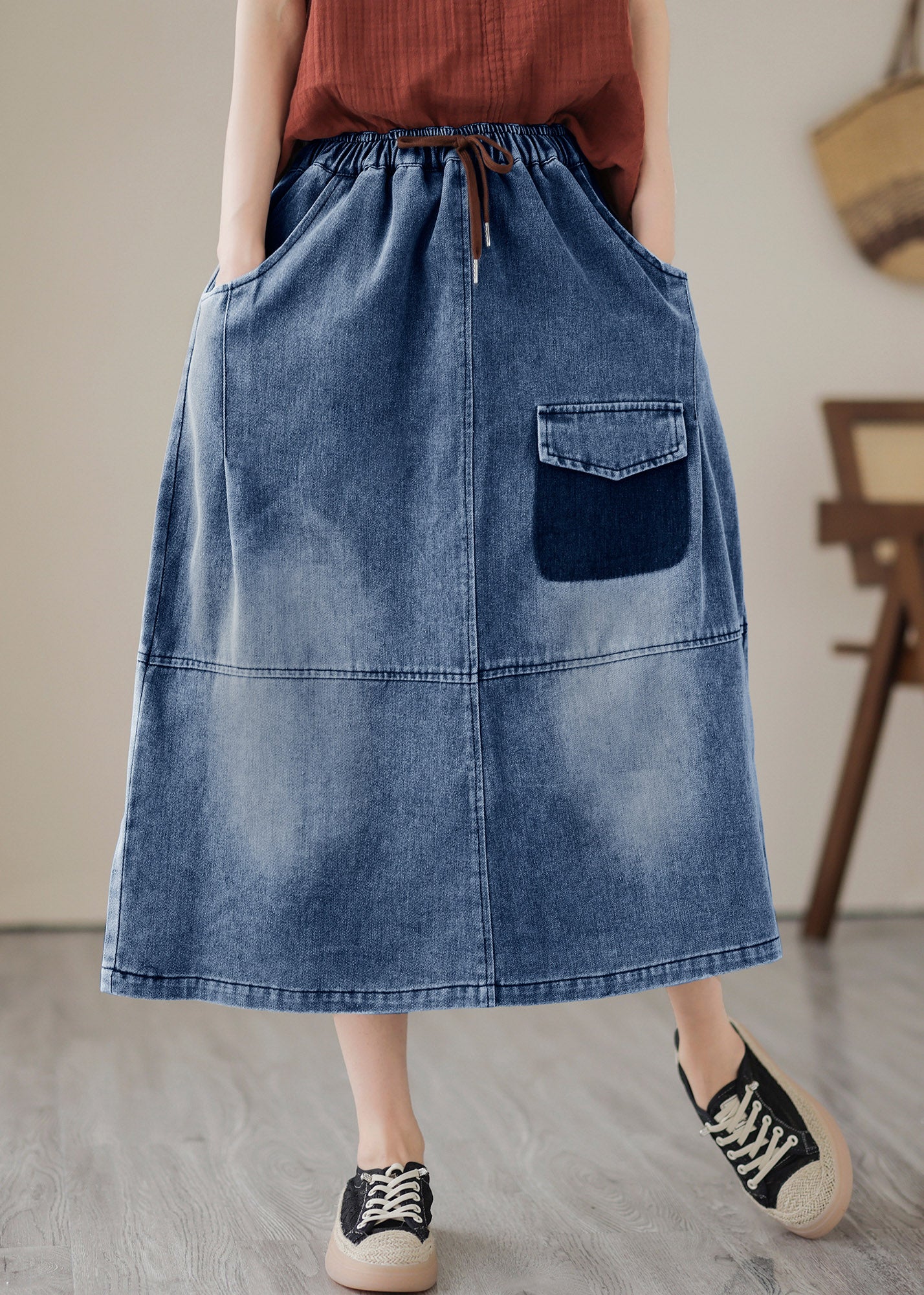 Women Blue Patchwork Drawstring Elastic Waist Denim Skirts Summer