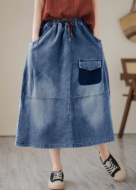 Femmes Blue Patchwork Trawstring Elastic Taist Denim Jirts Summer