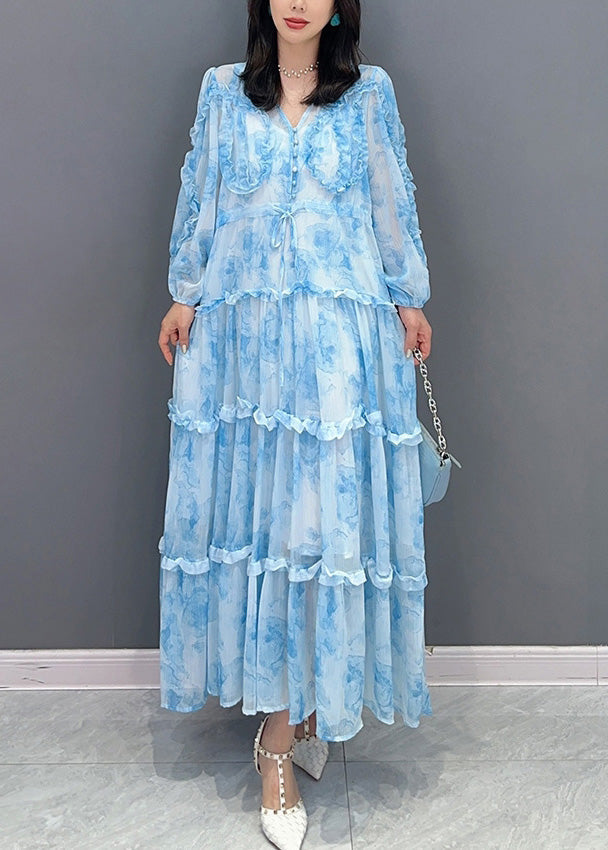 Women Blue Patchwork Ruffled Button Chiffon Maxi Dresses Spring