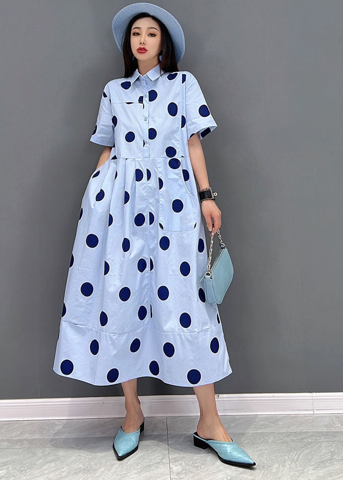 Women Blue Peter Pan Collar Dot Print Pockets Shirt Dresses Short Sleeve