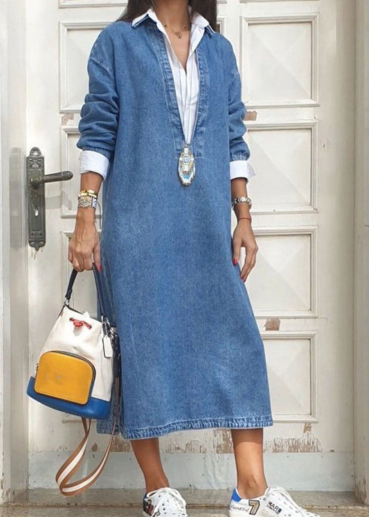 Femmes Blue Peter Pan Collar False Two Pieces Patchwork Denim Robes à manches longues