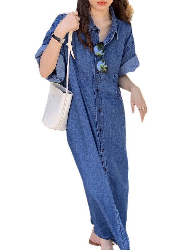 Femmes Blue Peter Pan Collar Patchwork Denim Shirts Robes Summer