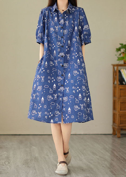 Femmes Blue Peter Pan Collar Imprime Patchwork Shirts Denim Robe Summer