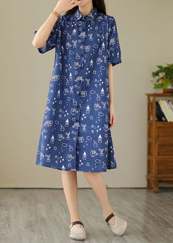 Femmes Blue Peter Pan Collar Imprime Patchwork Shirts Denim Robe Summer