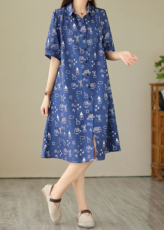 Femmes Blue Peter Pan Collar Imprime Patchwork Shirts Denim Robe Summer