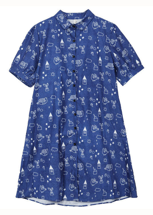 Femmes Blue Peter Pan Collar Imprime Patchwork Shirts Denim Robe Summer