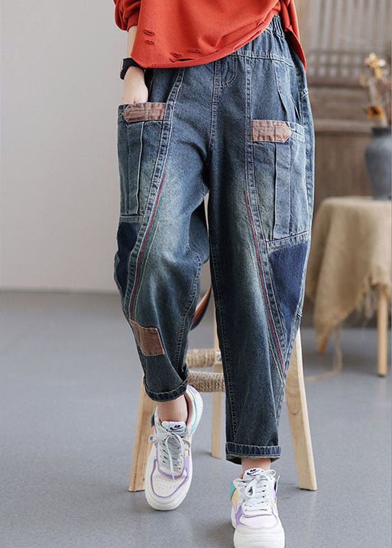 Women Blue Pockets Patchwork Casual Fall Denim Pants