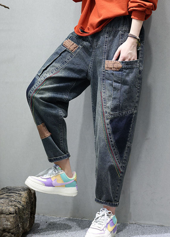 Women Blue Pockets Patchwork Casual Fall Denim Pants