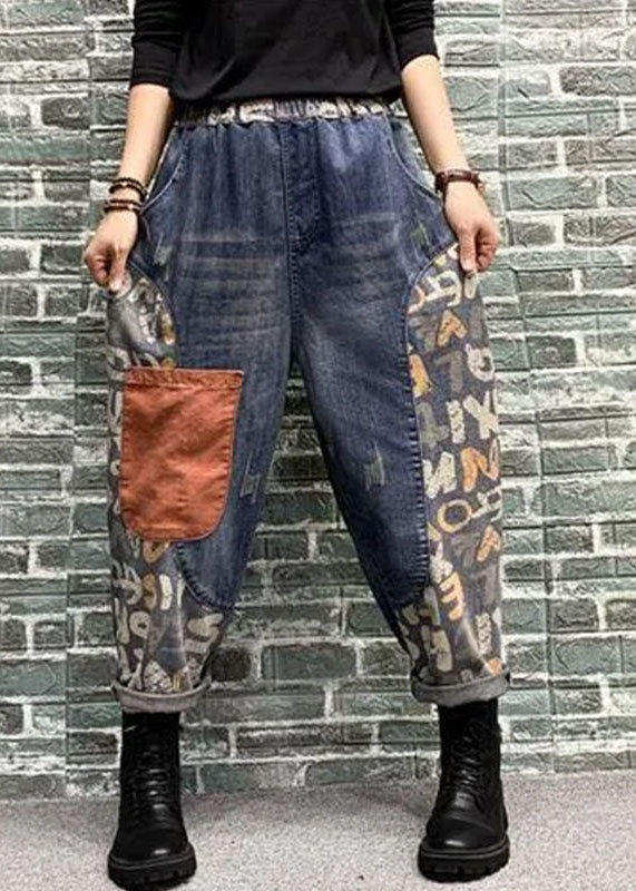 Femmes Blue Pockets Patchwork Print Denim Harem Pants printemps