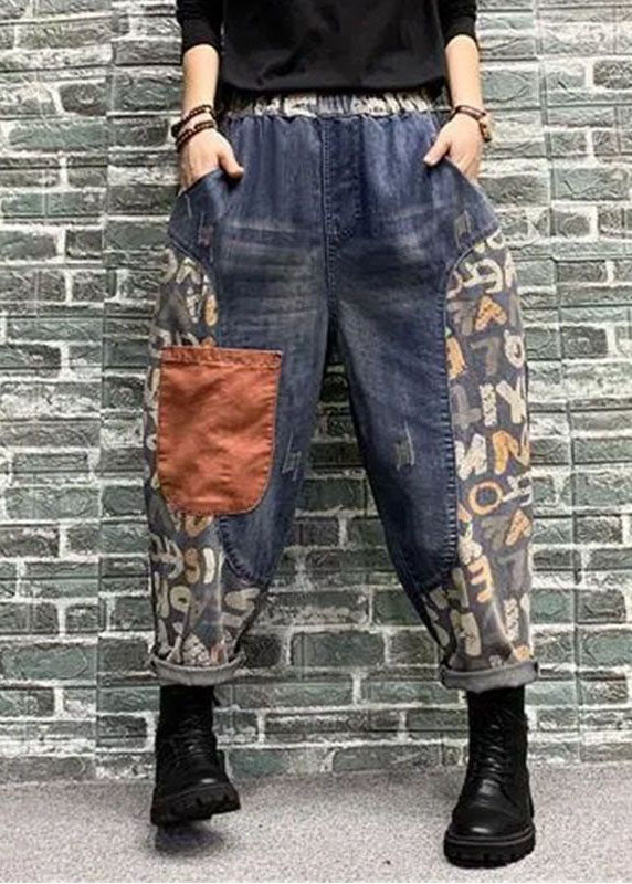 Femmes Blue Pockets Patchwork Print Denim Harem Pants printemps