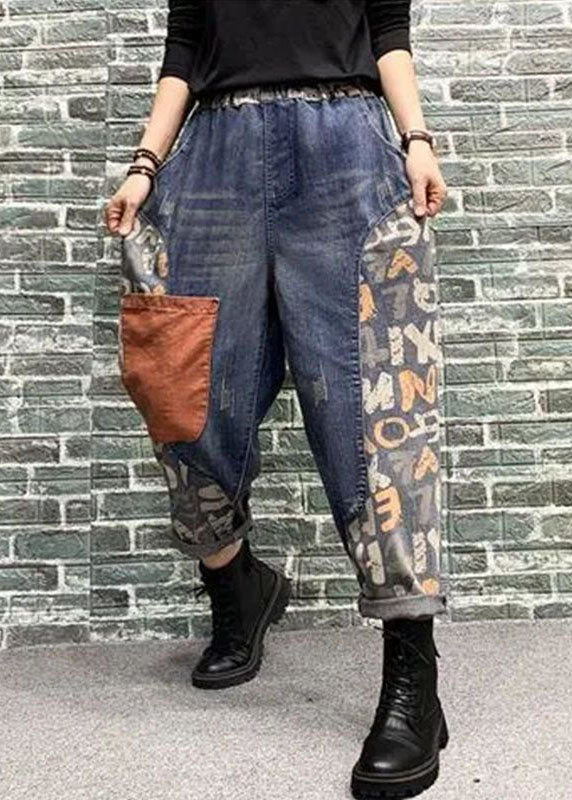 Femmes Blue Pockets Patchwork Print Denim Harem Pants printemps