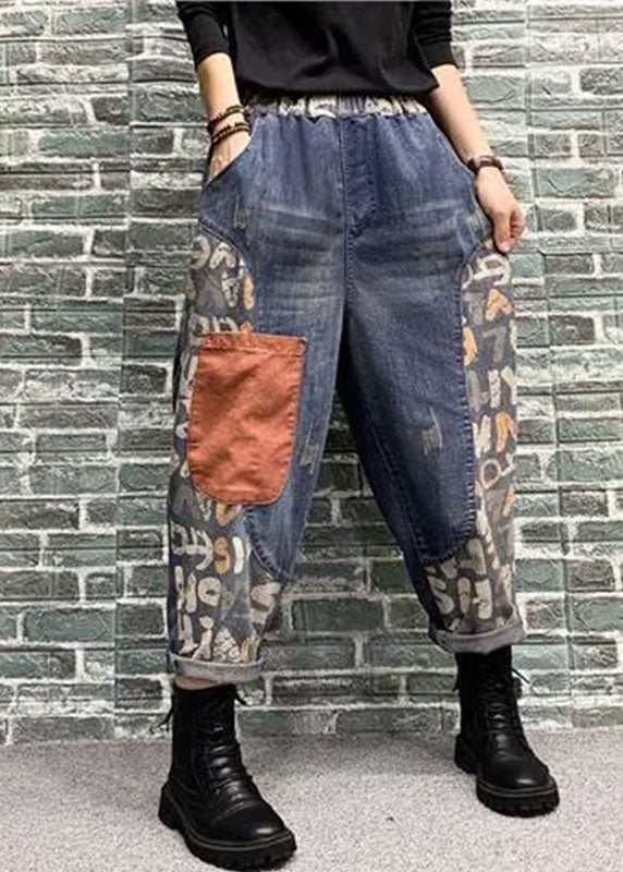 Femmes Blue Pockets Patchwork Print Denim Harem Pants printemps