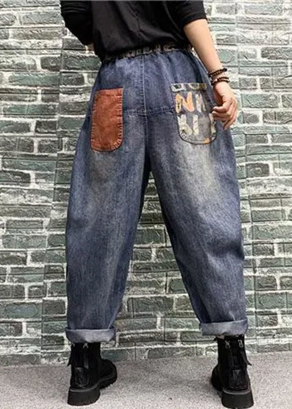 Femmes Blue Pockets Patchwork Print Denim Harem Pants printemps