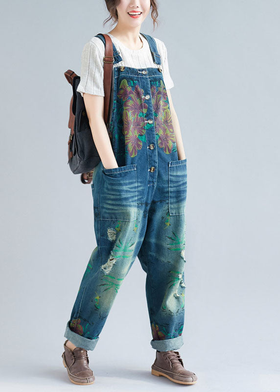 Femmes Blue Pockets Patchwork Print Denim Jumps Suit