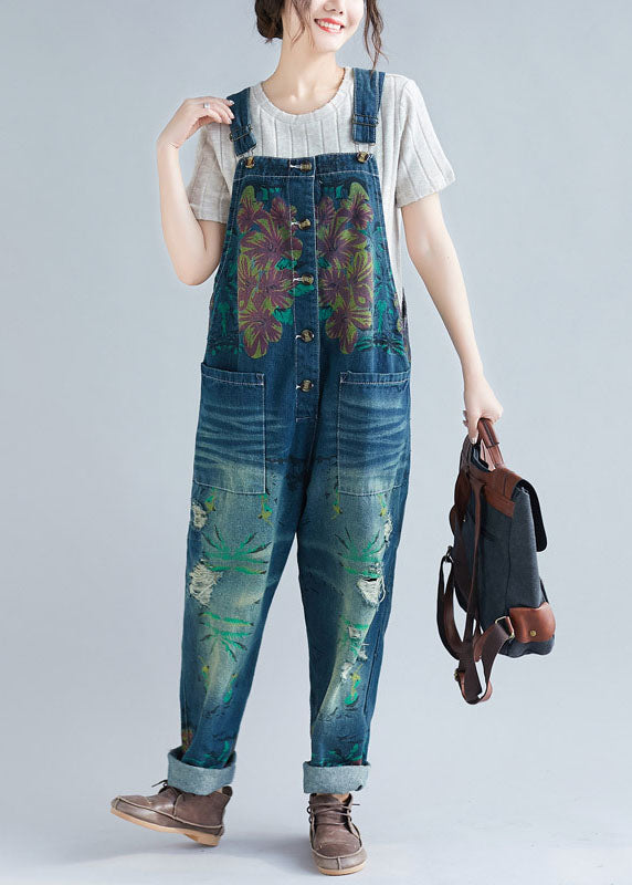 Femmes Blue Pockets Patchwork Print Denim Jumps Suit