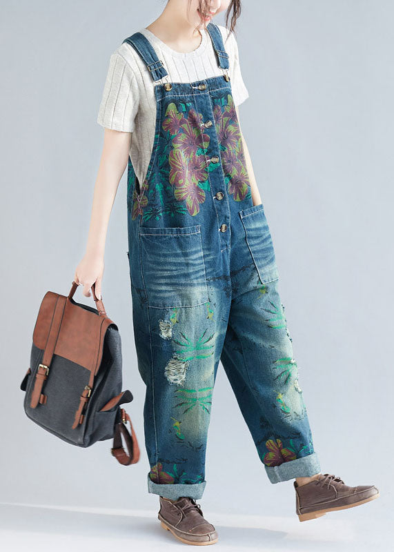 Femmes Blue Pockets Patchwork Print Denim Jumps Suit