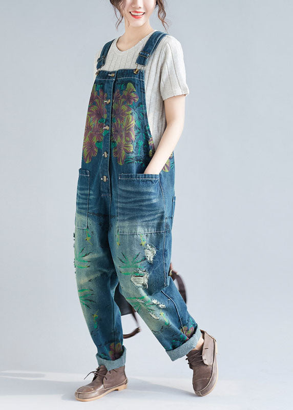 Femmes Blue Pockets Patchwork Print Denim Jumps Suit