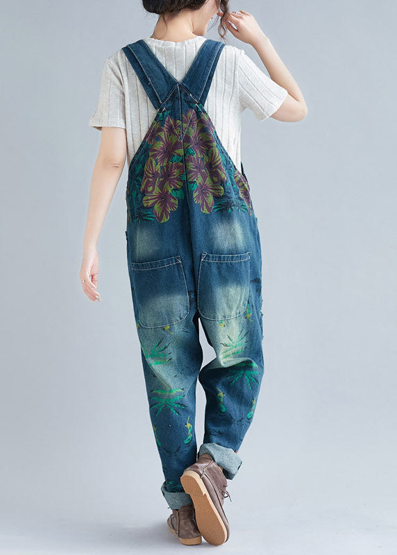 Femmes Blue Pockets Patchwork Print Denim Jumps Suit