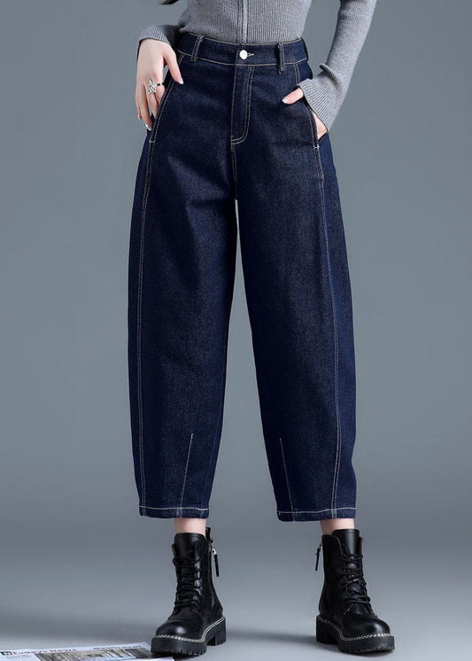 Women Blue Solid High Waist Pockets Cotton Denim Harem Pants Summer