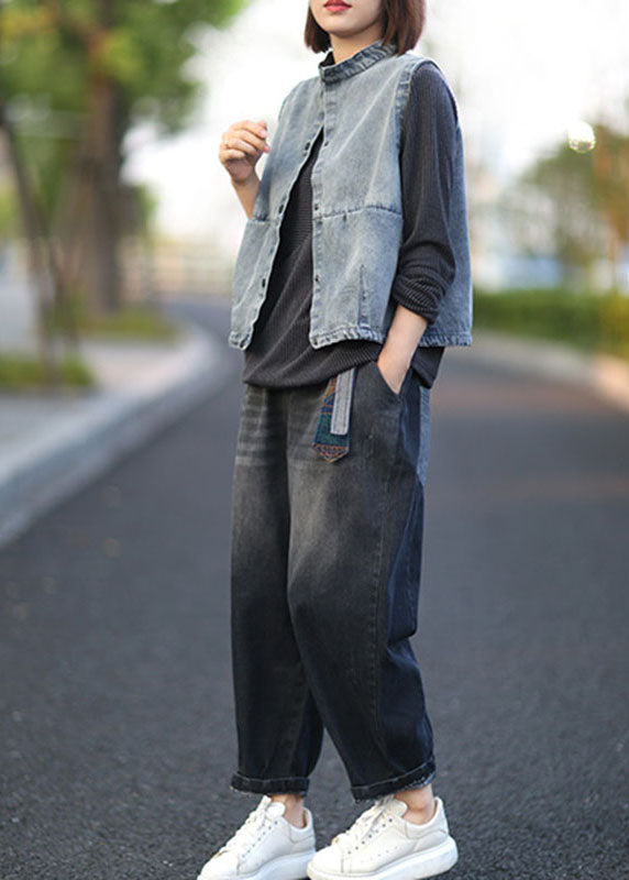 Women Blue Stand Collar Button Pockets Fall Denim Sleeveless Waistcoat