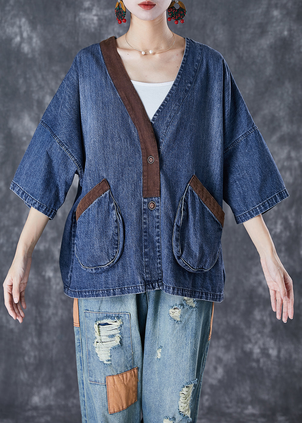 Femmes Blue V Neck Patchwork Pockets Denim Coats Summer