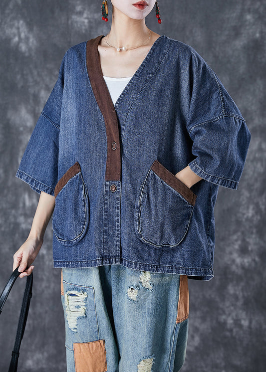 Femmes Blue V Neck Patchwork Pockets Denim Coats Summer