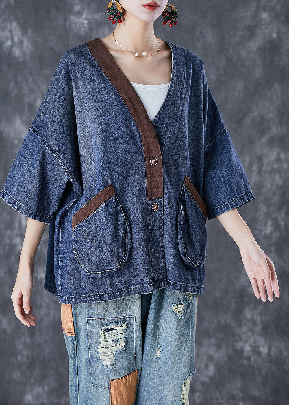 Femmes Blue V Neck Patchwork Pockets Denim Coats Summer