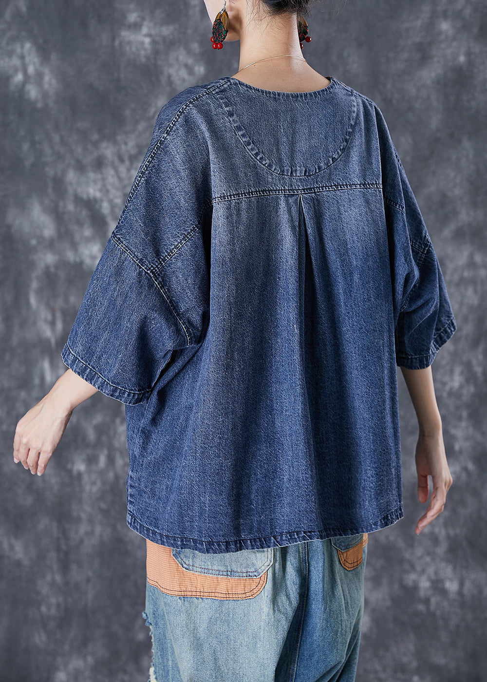 Femmes Blue V Neck Patchwork Pockets Denim Coats Summer