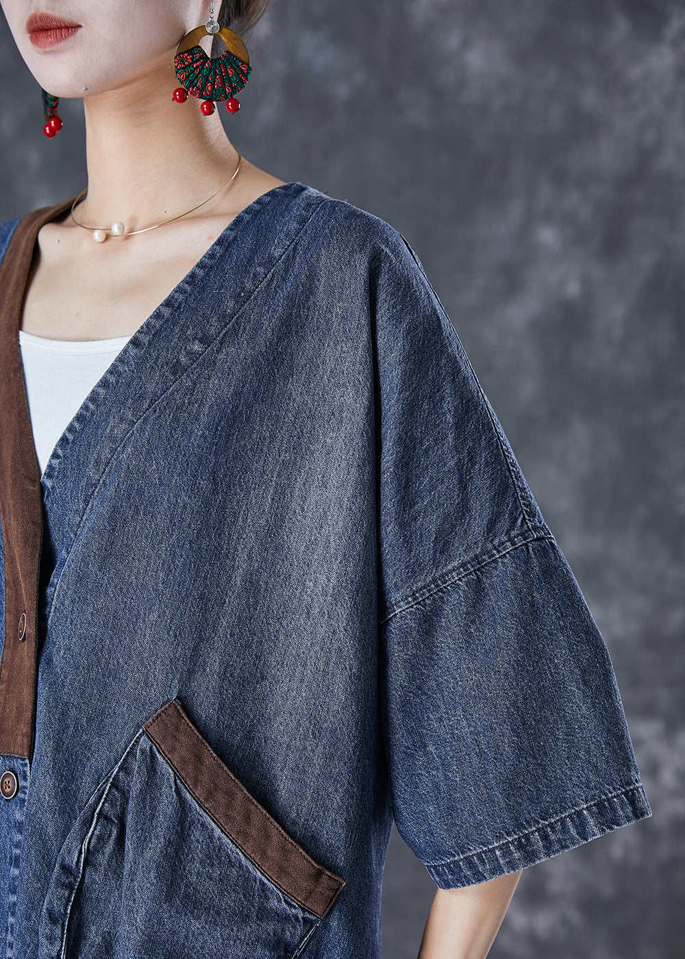 Femmes Blue V Neck Patchwork Pockets Denim Coats Summer