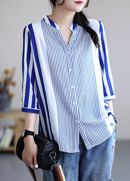 Women Blue V Neck Striped Cotton Blouses Bracelet Sleeve