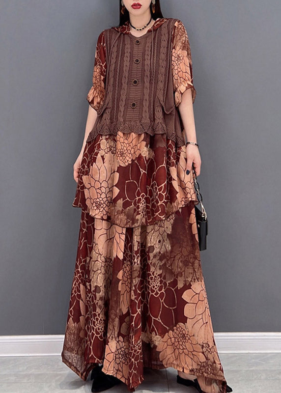 Women Brown Hooded Knit Patchwork Chiffon tops and wide leg pants two pieces Half Sleeve