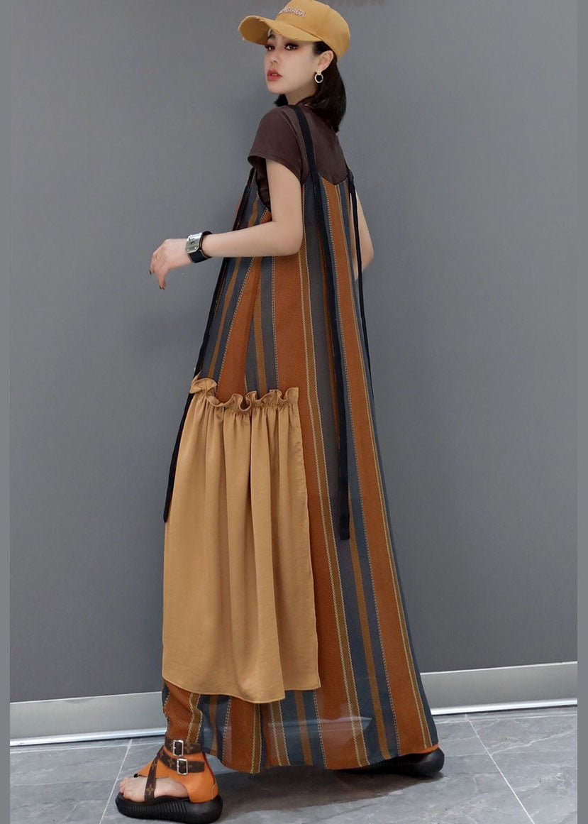 Women Brown Striped Patchwork a line skirts Short Sleeve Dresses