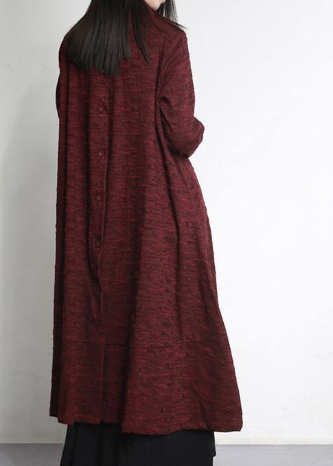 Women Burgundy Jacquard Plus Size Clothes Large Hem Outwear - SooLinen