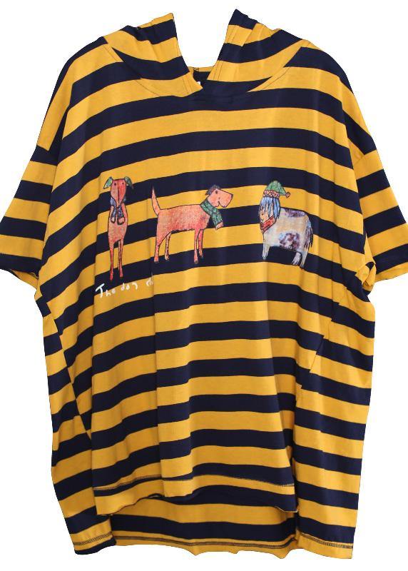 Women Cartoon print cotton top silhouette Neckline yellow striped shirt summer - SooLinen