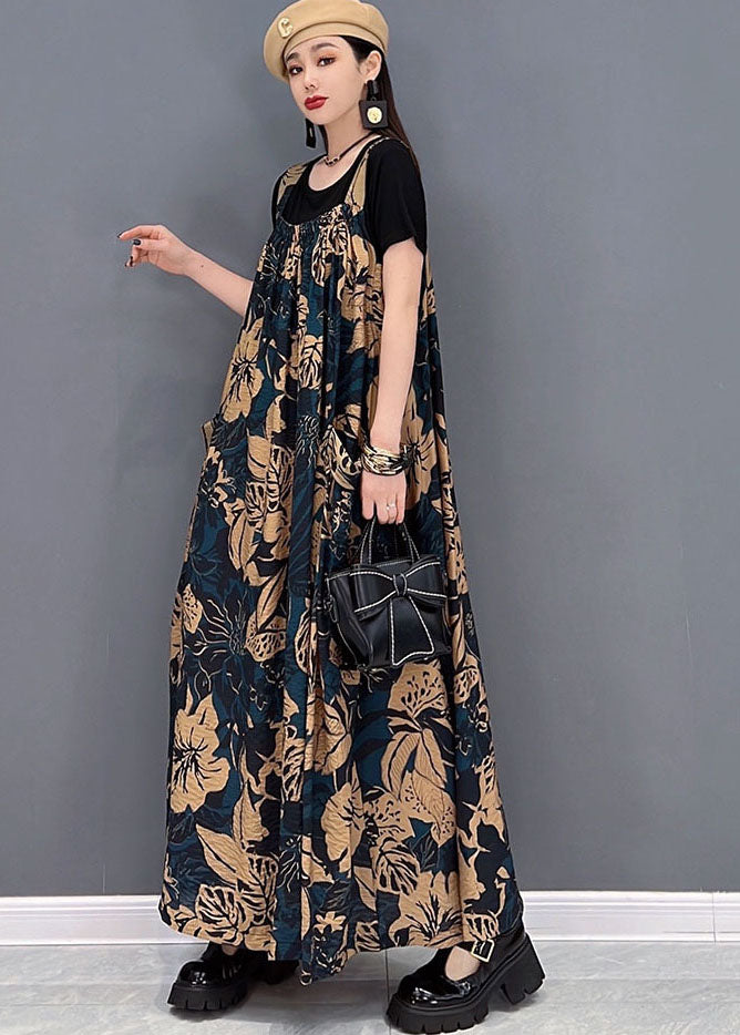 Women Chocolate Big Pockets Side Open Print Cotton Long Dresses Summer