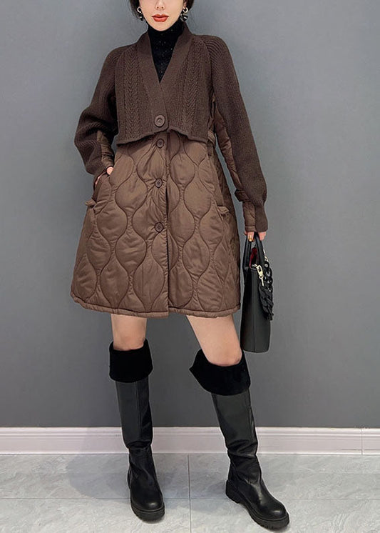 Women Chocolate V Neck Knit Patchwork  Cotton Filled coats Winter