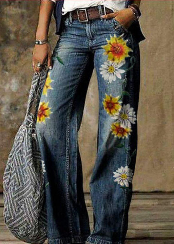 Femmes Daisy Pouilles d'impression Patchwork Denim Pantalon droit printemps