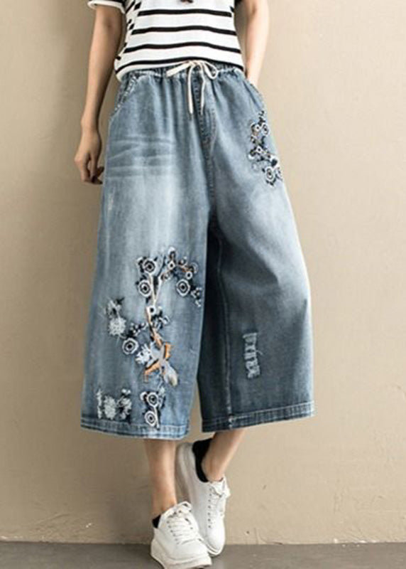 Femmes denim bleu brodé à cravate de taille large pantalon de jambe