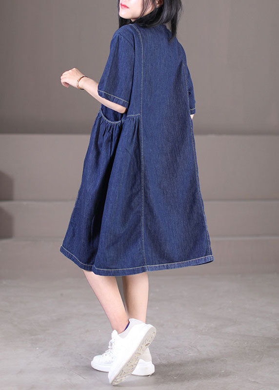 Women Denim Blue Peter Pan Collar Wrinkled Pockets Cotton Robe Dresses Short Sleeve