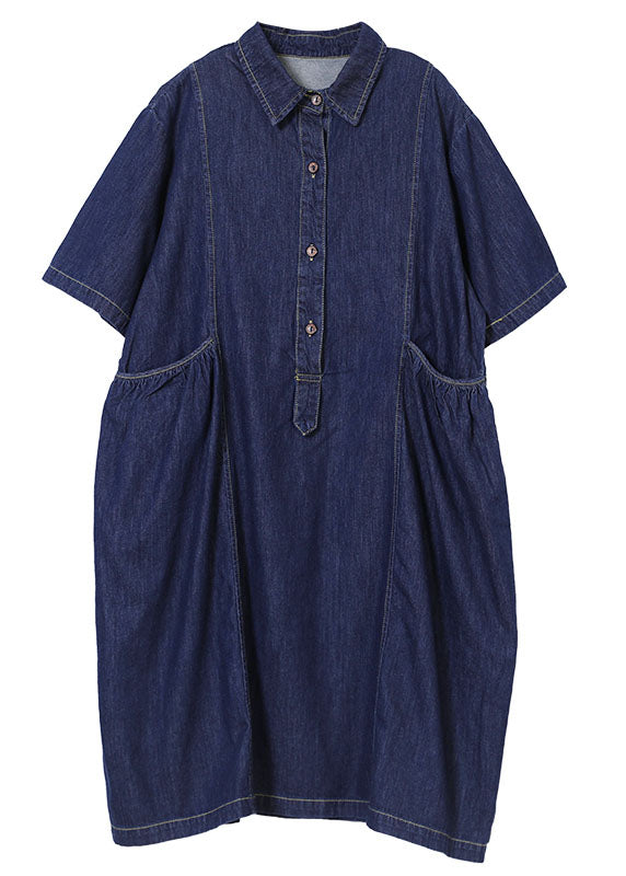 Women Denim Blue Peter Pan Collar Wrinkled Pockets Cotton Robe Dresses Short Sleeve