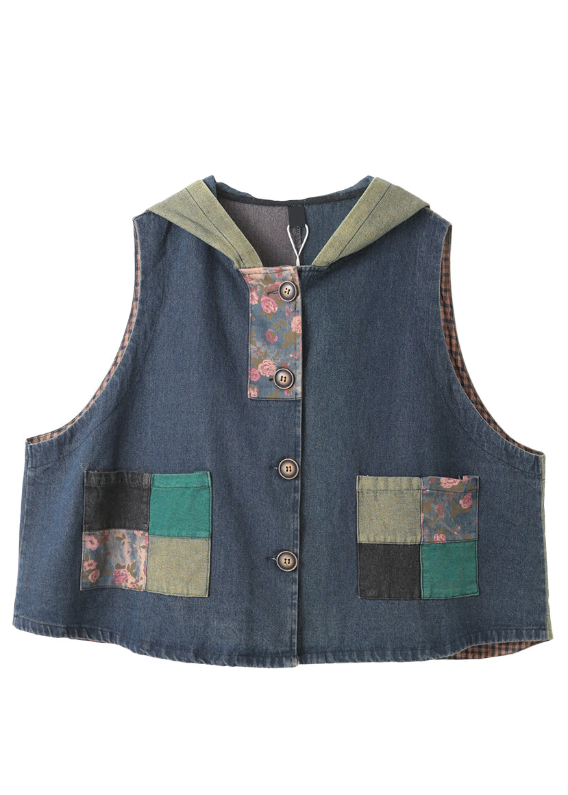 Femmes denim bleu imprimé patchwork bouton de coton à capuche sans manches