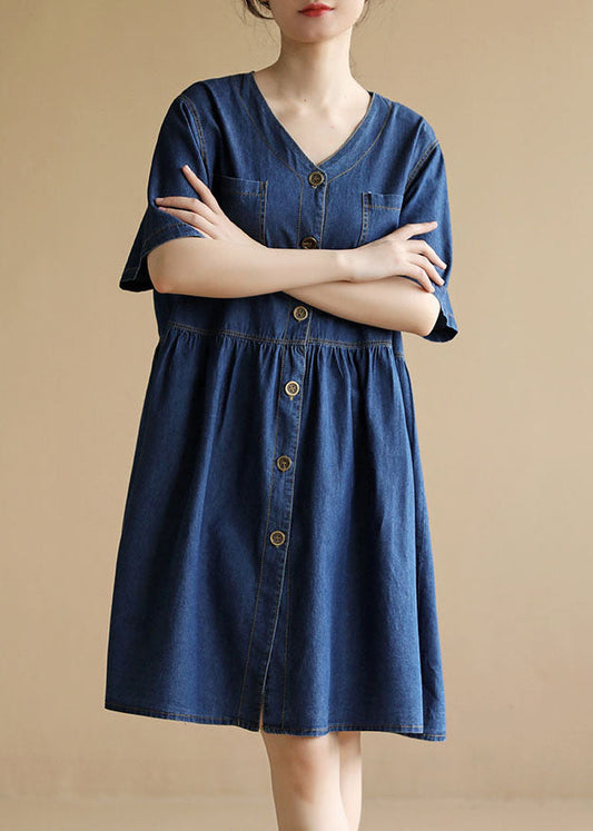 Femmes denim Blue V Poches de cou Cotton une robe de ligne à manches courtes