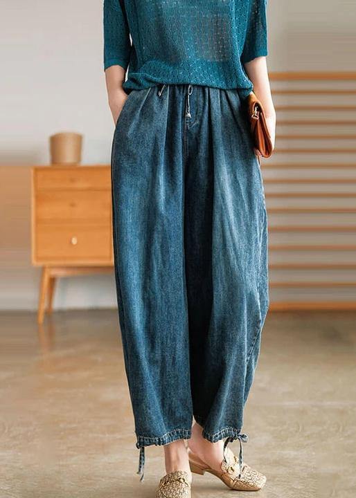 Women Denim Drawstring Pocket Wide Leg Jeans - SooLinen