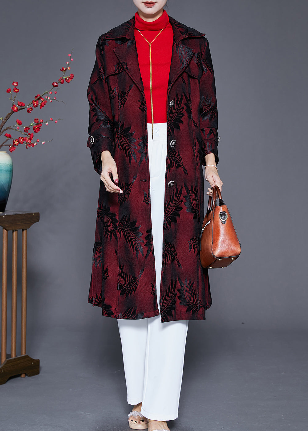 Women Dull Red Lapel Jacquard Trench Coat Fall