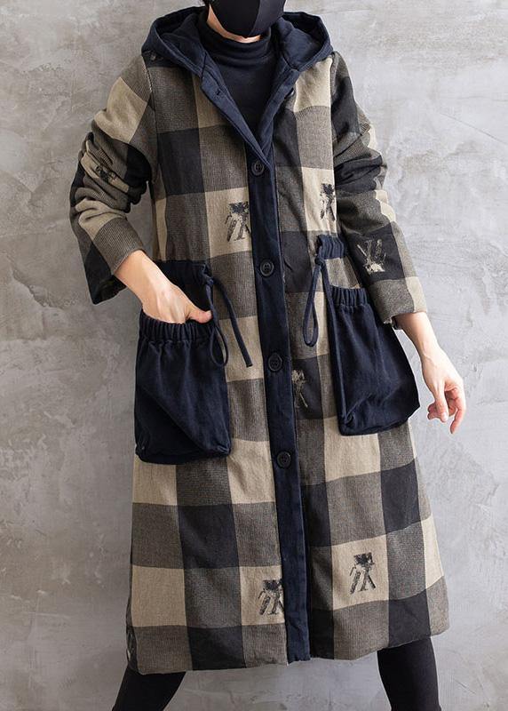 Women Gray Plaid Overcoat Hooded Drawstring Coats - SooLinen