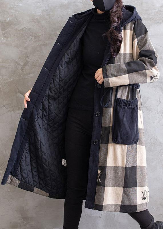 Women Gray Plaid Overcoat Hooded Drawstring Coats - SooLinen