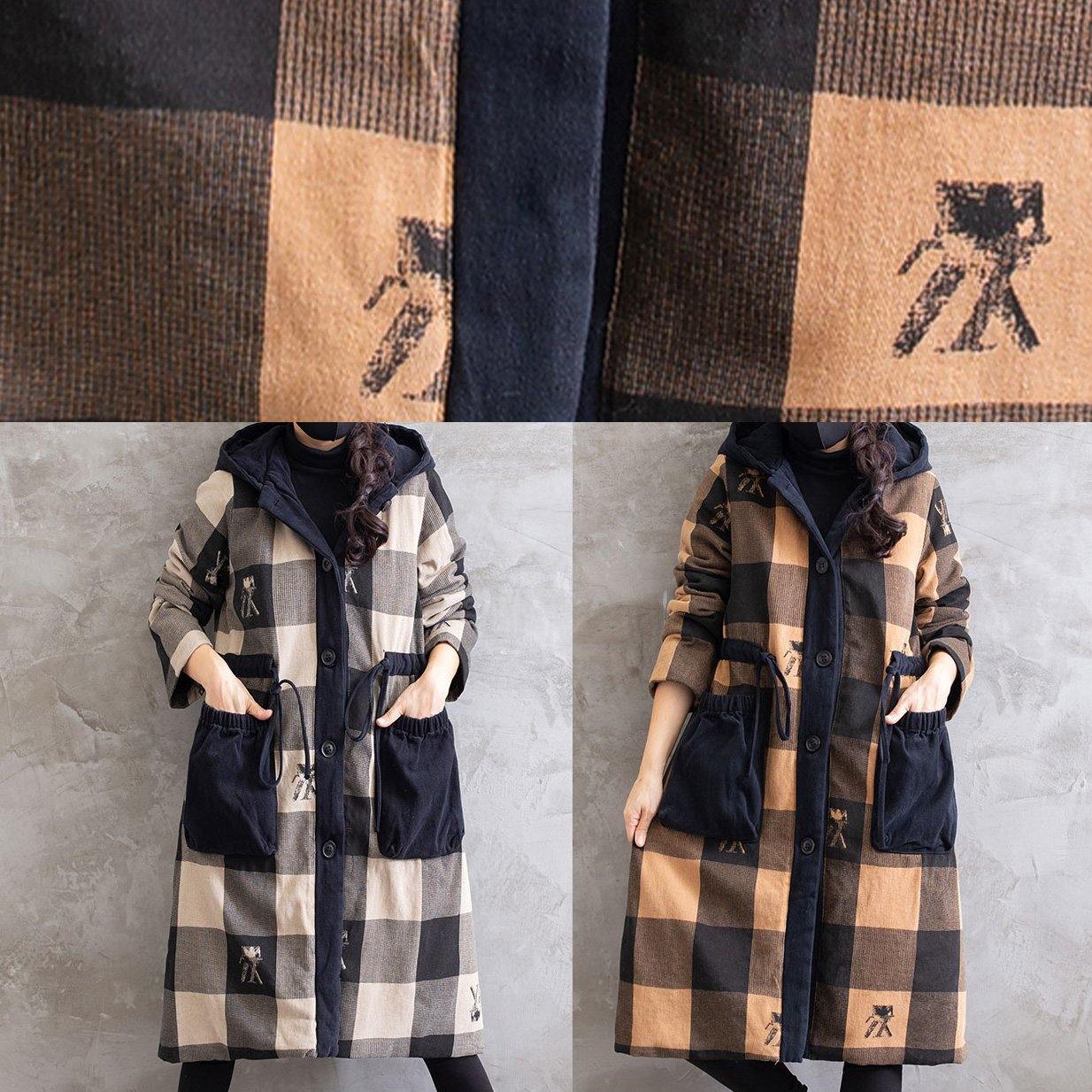 Women Gray Plaid Overcoat Hooded Drawstring Coats - SooLinen