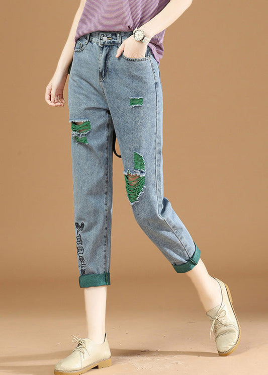 Femmes Green Graphic Print Patchwork High Taist Denim Crop Pantal Summer